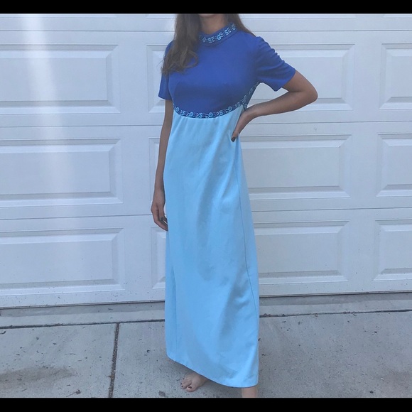 Vintage 70s two tone blue maxi dress - Picture 3 of 7